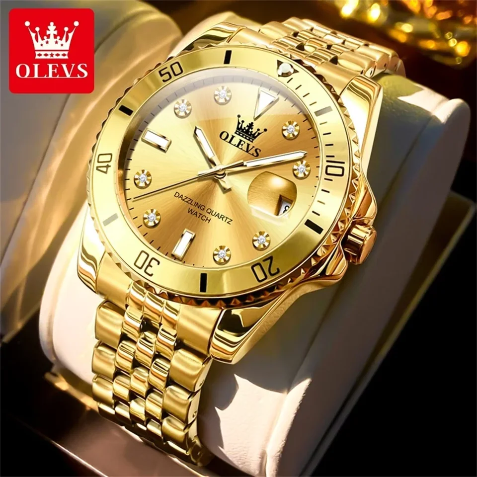 Olevs-Quartz Watch for Men Luxury Top značka Vysoko kvalitné vodotesné hodinky Business Golden Steel Watches reloj hombre nové