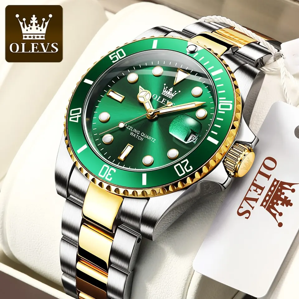 Olevs Top Original Men Quartz Watch Zelené vodotesné hodinky pre mužov z nehrdzavejúcej ocele Men Luxusné hodinky Luminous Wristwatch