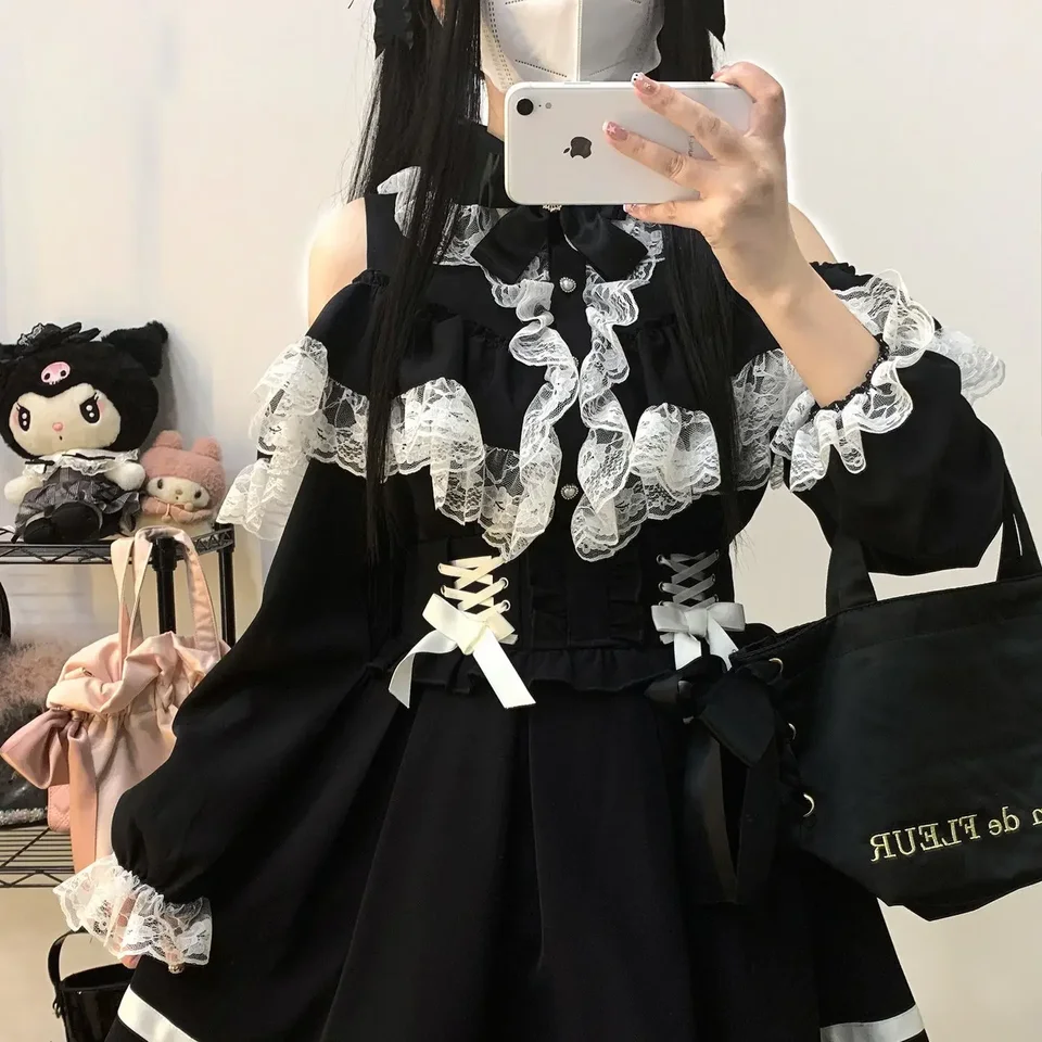 [Olmee] Na sklade Jirai Kei White Black Lace Tatt Long tričko Japanese Lolita Cute Mine Style Kawaii Y2K Ryousan Sweet My Love