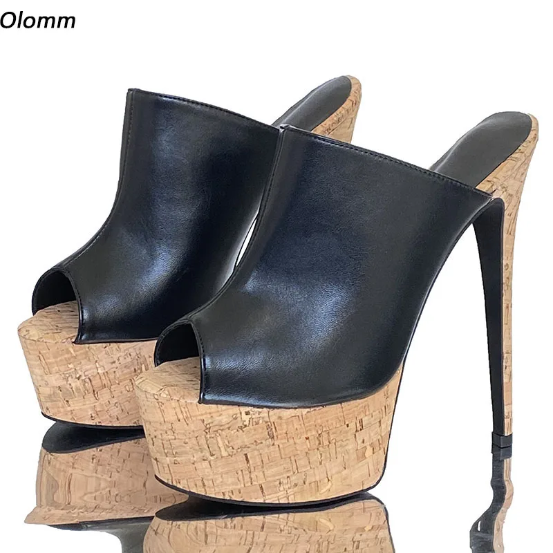 OLMM Hand vyrábané dámske platformy Mules sandále Cork ultra vysoké podpätky Peep Toe Classics čierne obuv