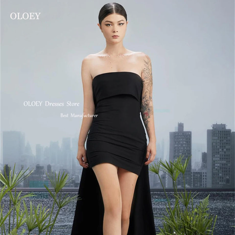 Oloey 2024 Jednoduché čierne svadobné šaty Kórea Photoshoot škvrny bez ramienok nad kolenom Watteau Train Svadobné šaty Robe de mariage