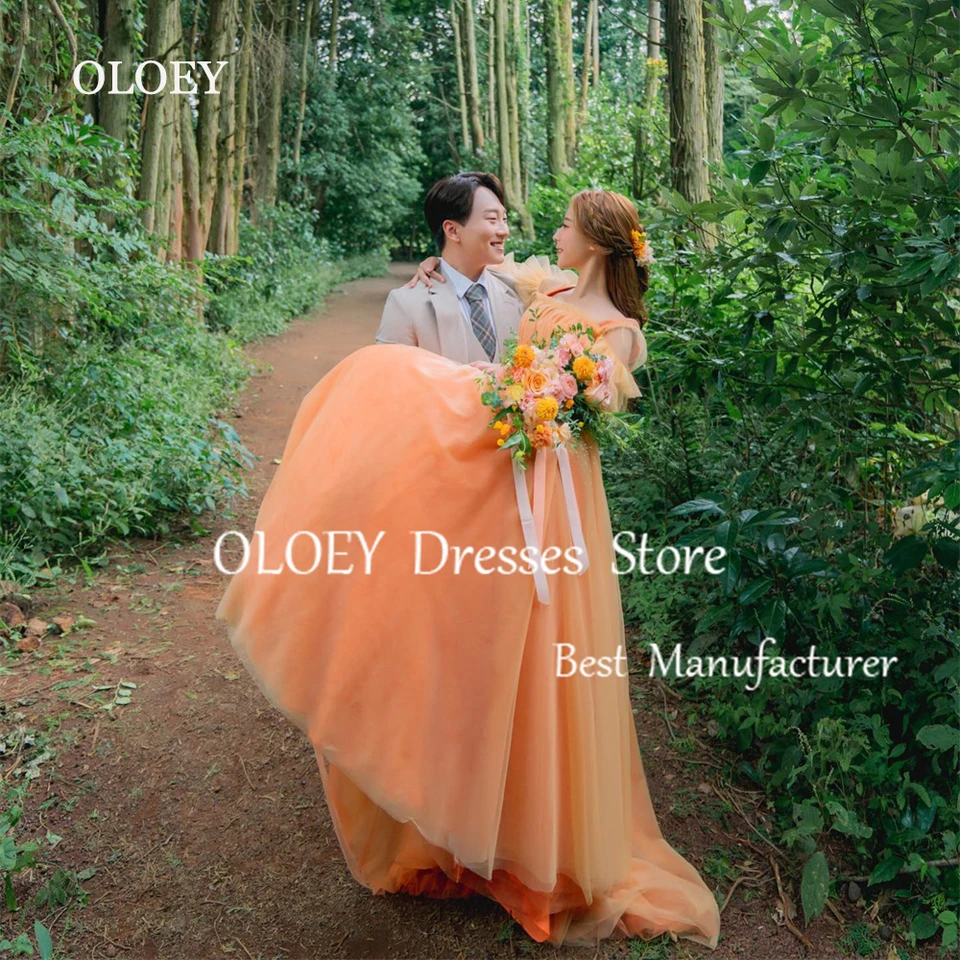 Oloey Elegant 2025 Orange Kórea Svadobné šaty Vonkajšie fotenie štvorcový golier ples šaty podlahové dĺžky družičky šaty
