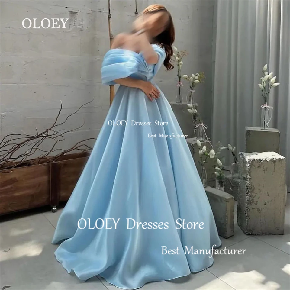 Oloey elegantná svetlo modrá a linka večerné šaty Pleats hodvábna organza mimo dĺžky dĺžky ramien Svadobné šaty miláčik miláčik Custo