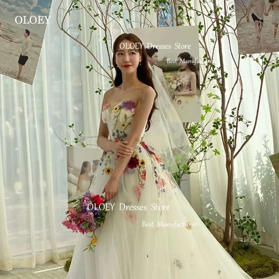 Oloey Fairy White Floral Flowers A Line Svadobné šaty Kórea Foto Shoot bez ramienok Korzet Zameta