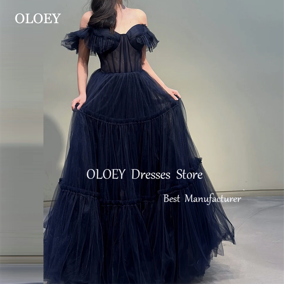 Oloey Navy Blue miláčik z ramena Kórea Ples Dresses Foto Shoot Huffles Soft Tulle Svadobné šaty šaty korzet prispôsobený