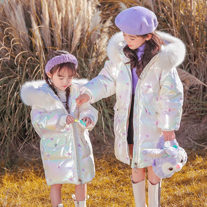 OloKid 2024 Zimné deti dole bunda pre dievča vyšívané kapucne lesklé dlhé dospievajúce dievča Outwear Coat 5-14 rokov deti Parka