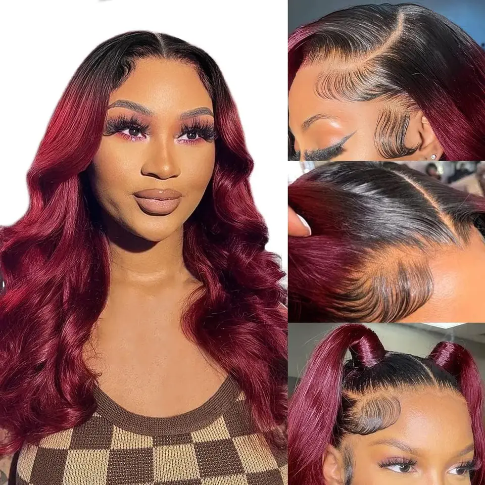 Omber 1B/99J Body Wave HD Lace Lace Front Parochňa 180% Brazílske opotrebenie a go Burgundsko 5x5 pred vystrihané čipky Bling Bling Hair Human Hair Parochne