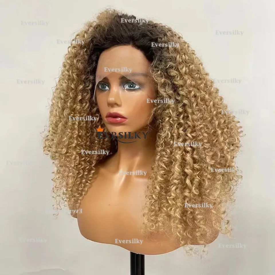 Ombre Honey Blonde 360 ​​HD Lace Frontal Parochňa Kinky kučeravé ombre ľudské vlasy jahodové blondínky afro výstredné kučeravé remy vlasy