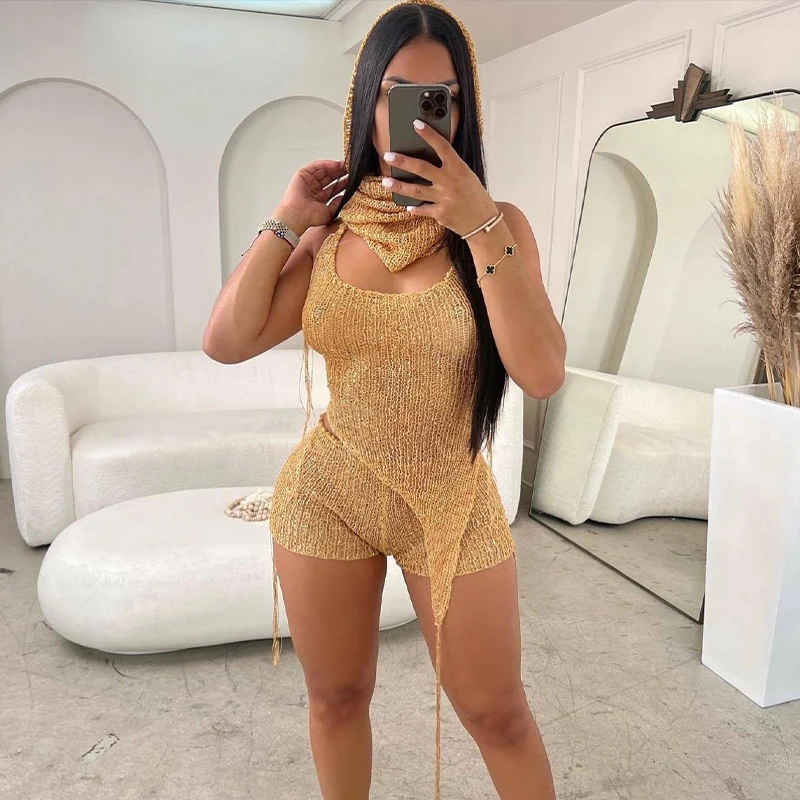 OMSJ Tri kusy Flitky Šumivé horúce opotrebenie šatky+nepravidelné šnurovanie krku na vrcholy+tesné šortky Sexy ženské párty outfits