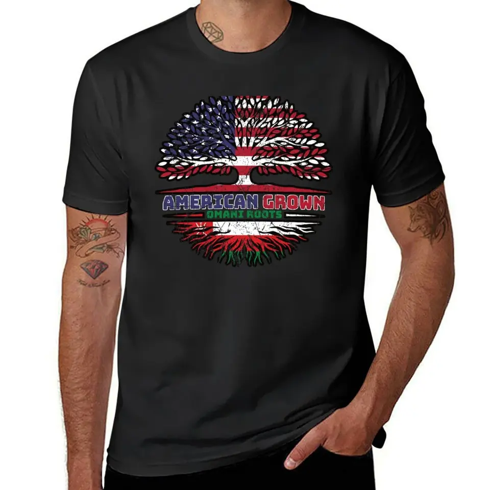 Omán Ománsky americký USA Tree Roots Flag Tričko Vintage odevy Ploty Nové vydanie Roztomilé topy Tops Heavyweight T tričká pre mužov