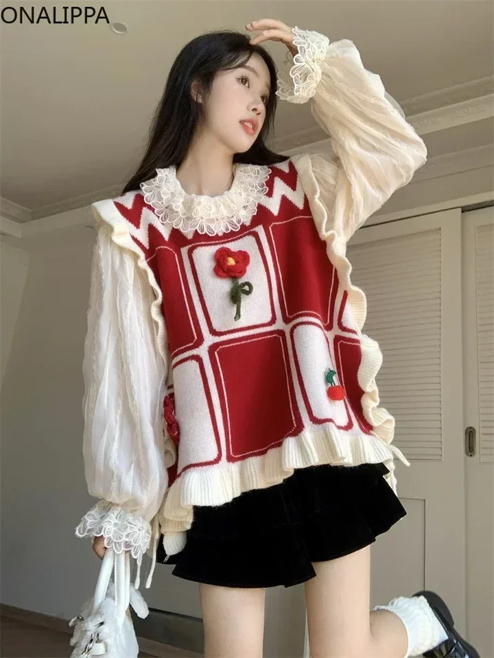 ONALIPPA Kawaii LACE UP konope vzorový sveter vesta kvetinové pevné košele dna Ženy Kórejský elegantný dizajn pletený pulvovo