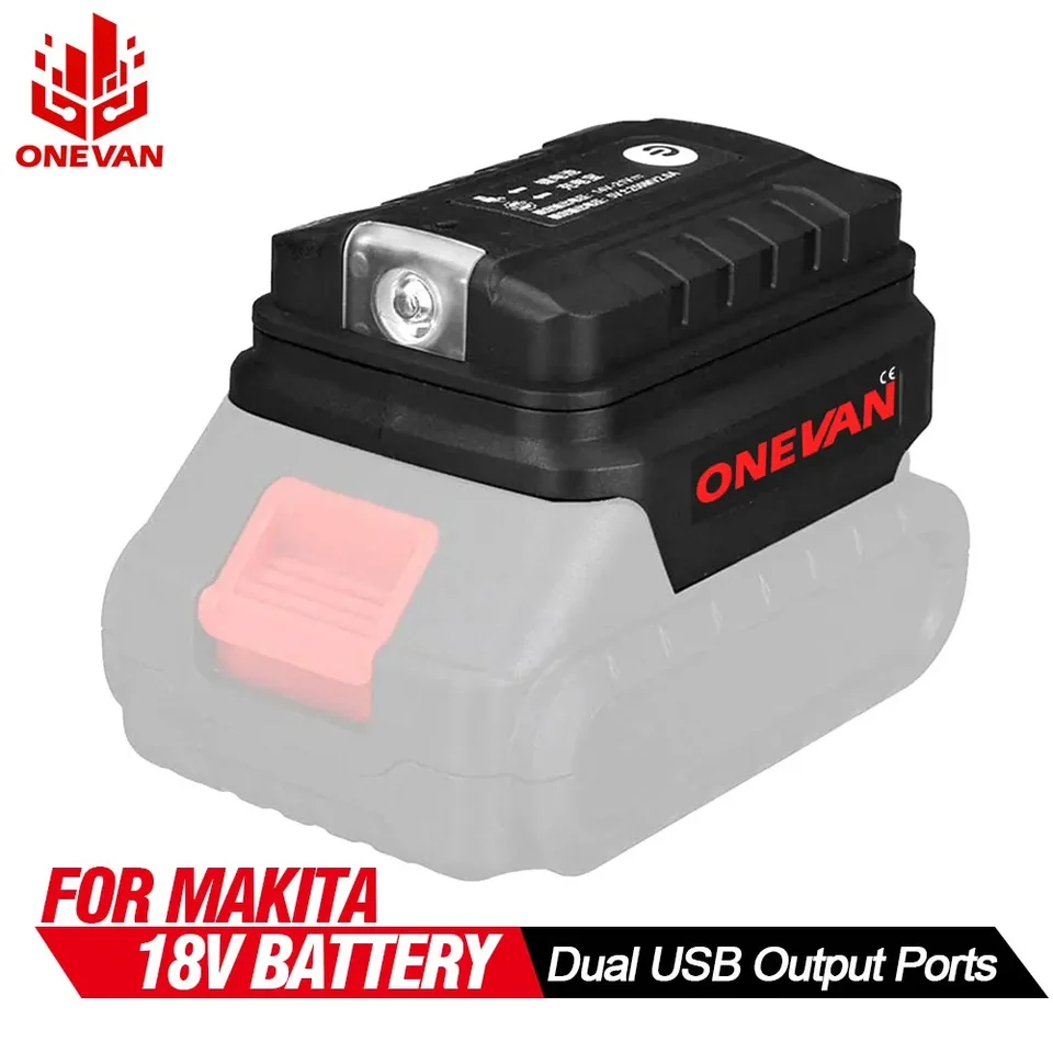 Onevan Battery Adapter pre Makita 18V Li-Ion Battery Dual USB Converter Power Bank Telefón nabíjačka s pracovným svetlom LED