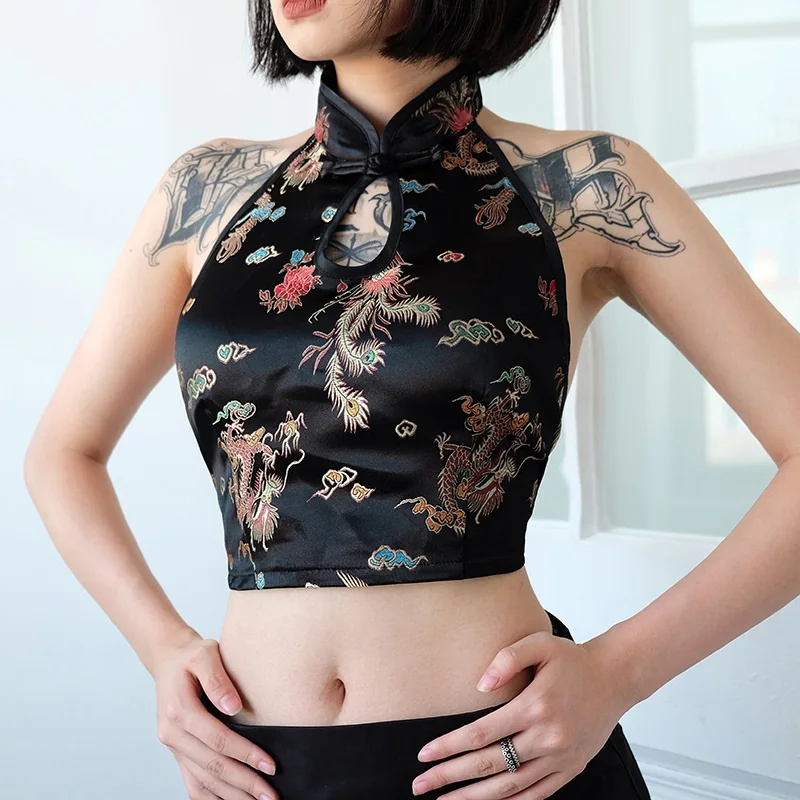 Online čínske obchody Dámske oblečenie 2020 Čínska košeľa blúzka Hanfu Qipao Crop-Top Sex Woman Čína Čierny Cheongsam Top 10116