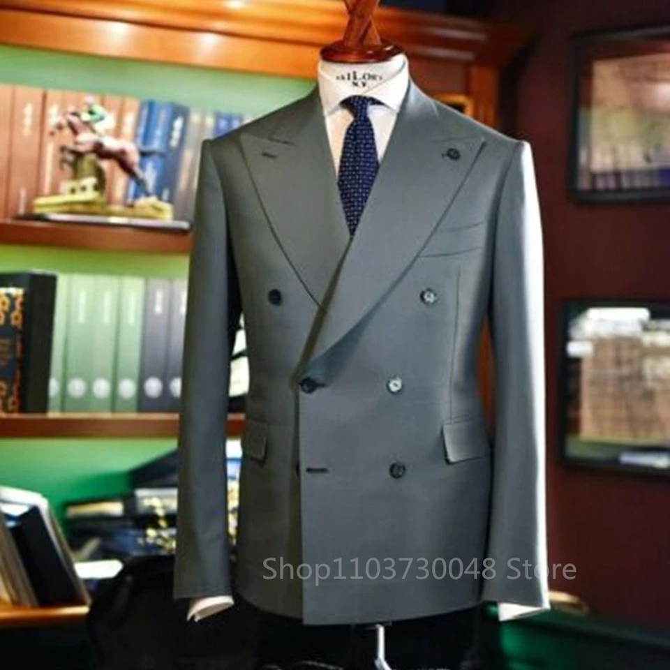 (Only Coat) Šedý pánsky oblek Blazer Prom Tuxedos Coat Peak Laskle Double Bodsed Bunda Slim Fit Bussiness/Svadobná bunda
