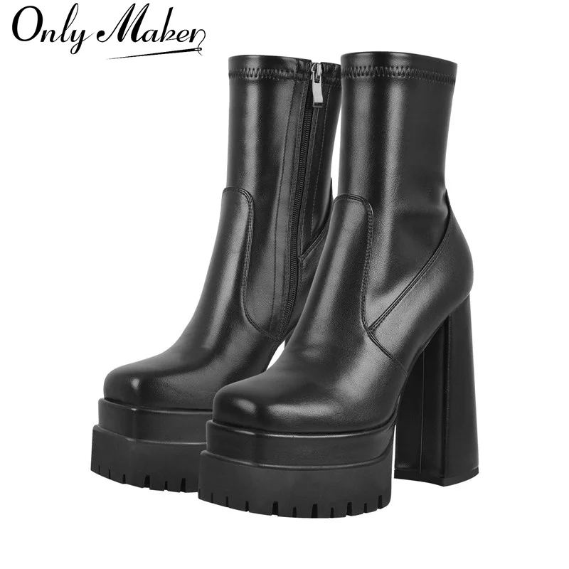 OnlyMaker Dámska dvojposchodová štvorcová štvorcová špička toe -topánky Zipper Chunky päta čierna matná módna módna dáma členky členky topánky