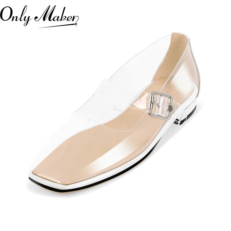 OnlyMaker Woman PVC Clear Square Toe Patrap Strap Buckle Flats Fashion Daily Elegantné topánky