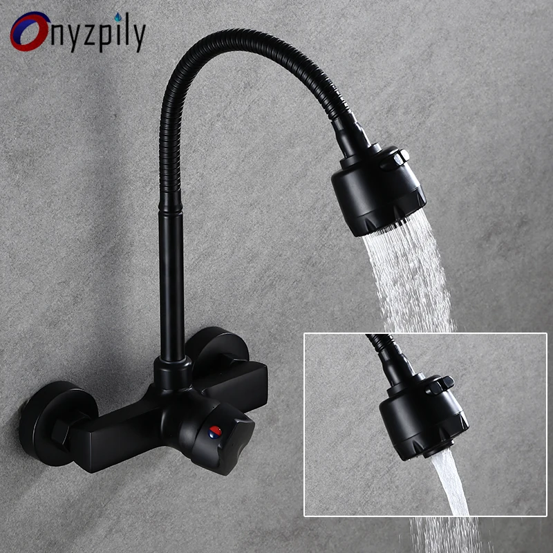 ONYZPILY Čierna kefovaná kuchynská kohútika Flexibilná hadica na stenu namontované 2 modely Hoto a studená voda umývadlo Faucet 360 Rotácia postrekovača kohútik