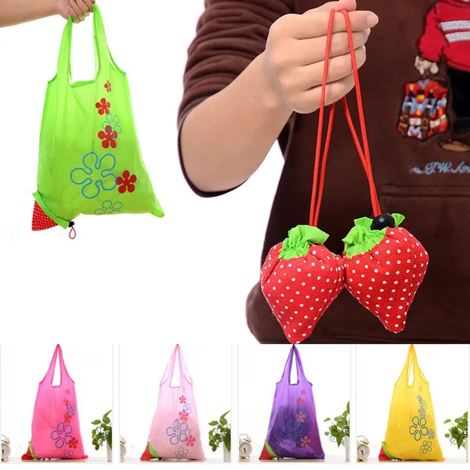 Opakovane použiteľná jahodová skladacia taška Prenosná polyesterová ručná nosná nákupná taška Eco Bag Home