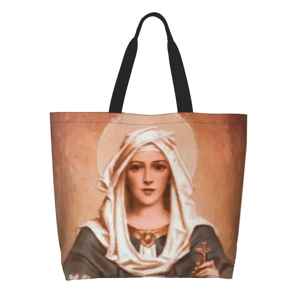 Opakovane použiteľné Panna Mária ružená nákupná taška Ženy Canvas Ramer Tote Bag umývateľné katolícke kresťanské potraviny nakupujúce tašky