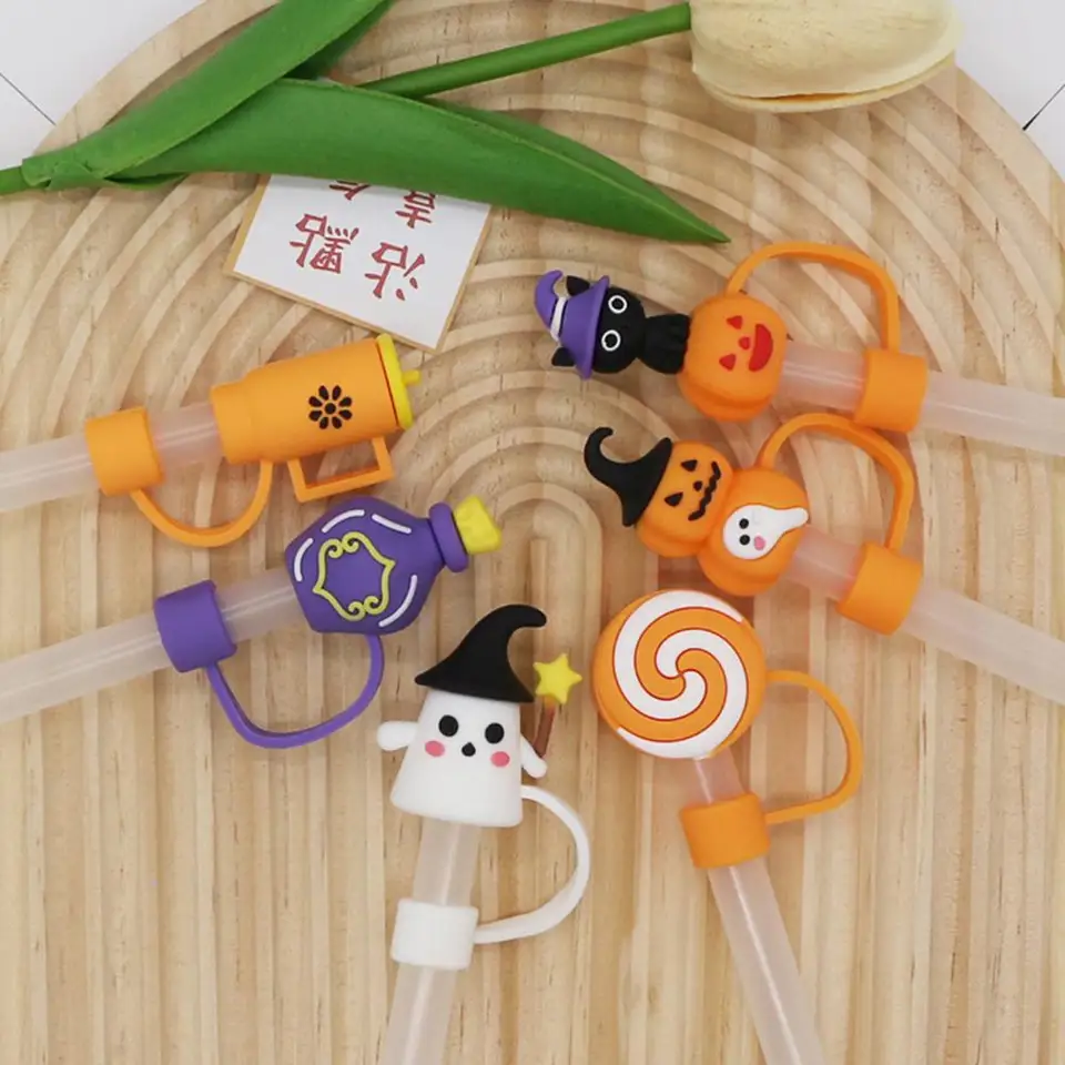 Opakovane použiteľné slamené doplnky Spooky Halloween Silikone Slaw Hat Tumbler Covers Tumbler Dekoratívne čiapky pre vodu pre 10 mm