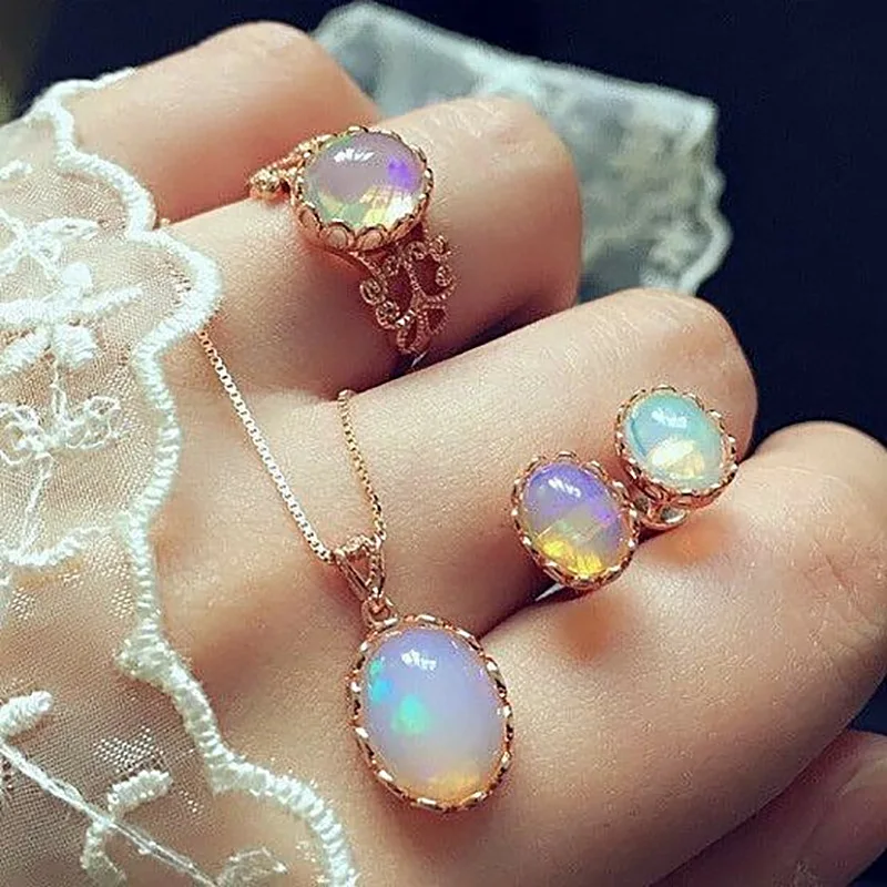 Opal šperky súpravy pre ženu prívesok náhrdelníky Choker Water Drop náušnice a prsteň zlatá farba Čechia svadobné šperky darčeky
