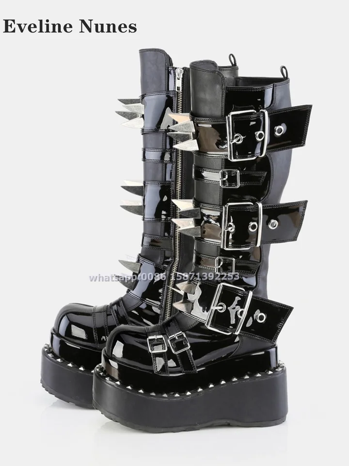 Opasok spips hrot nitova plošina Platforma topánky topánky okrúhle prst húry podrážka bok zips punk koleno vysoké topánky High Work Gothic Style