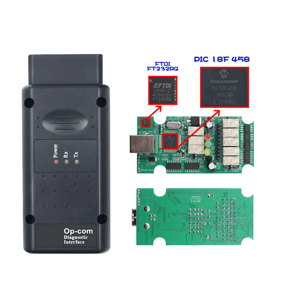 OPCOM 2021 V 1.95 môže byť aktualizácia flash pre čítačku kódu automobilu PIC18F458 FTDI FT232RQ ChIP pre OBD2 CAN CAN Diagnostický nástroj