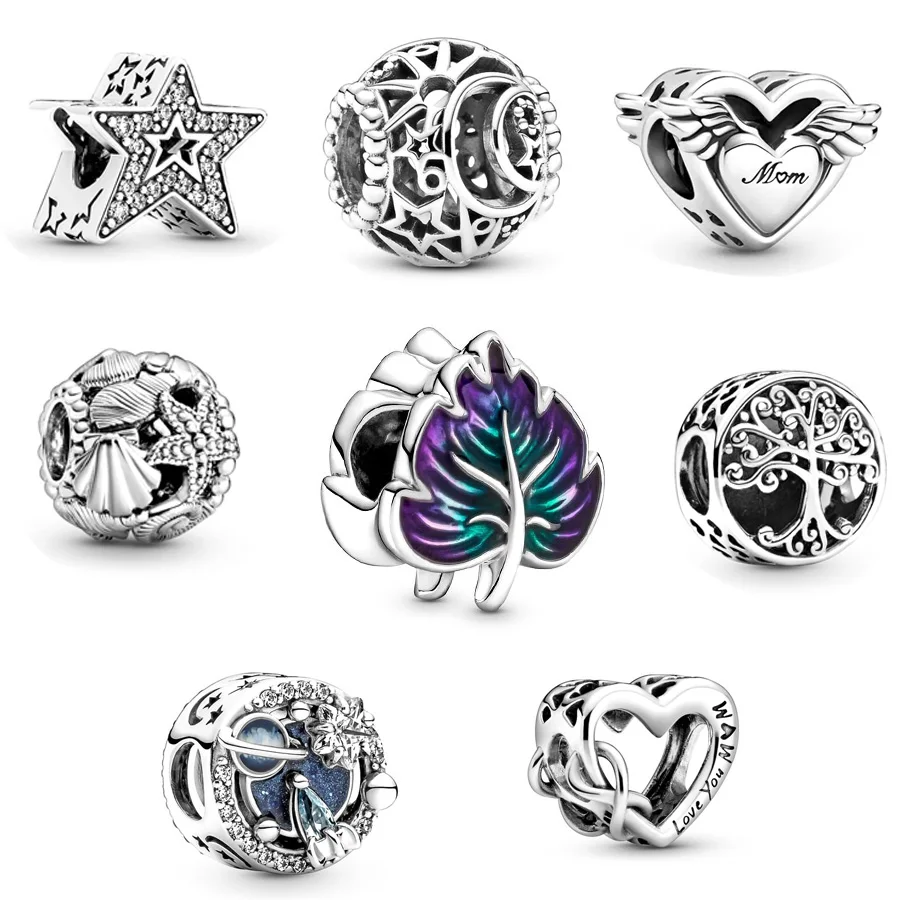 Openwork Sun Stars & Moon Purple Leaf Fine Charm Fit Fit Original European 925 Sterling strieborný náramok náhrdelník DIY Darček Darček