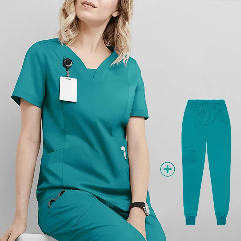 Operačná sála Medical Uniformy Dámske čistiace oblečenie tenký natiahnutie Rogger set s krátkym rukávom V-krk Trič