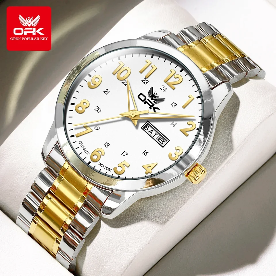 OPK 8176 Watch for Men Simple Original Quartz Wristwatch Witerprope Luminous Castless Ocel Reloj Hombre Dátum týždenného zobrazenia
