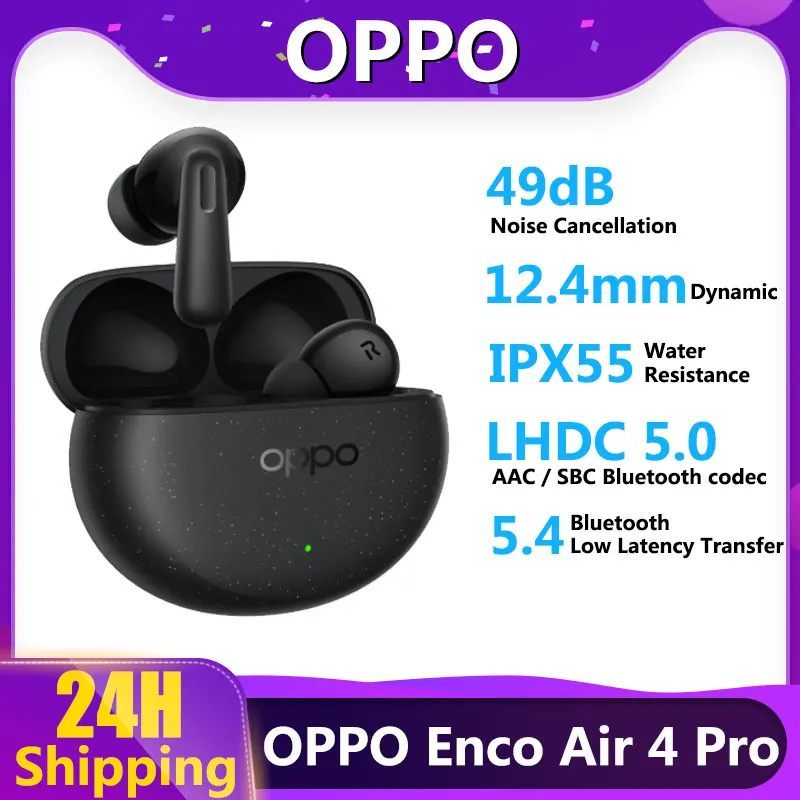 OPPO ENCO AIR 4 PRO 49DB Aktívny hluk, ktorý je obrat na základe panela Bluetooth 5.4 44 hodín výdrže batérie True Wireless slúchadlá IP55