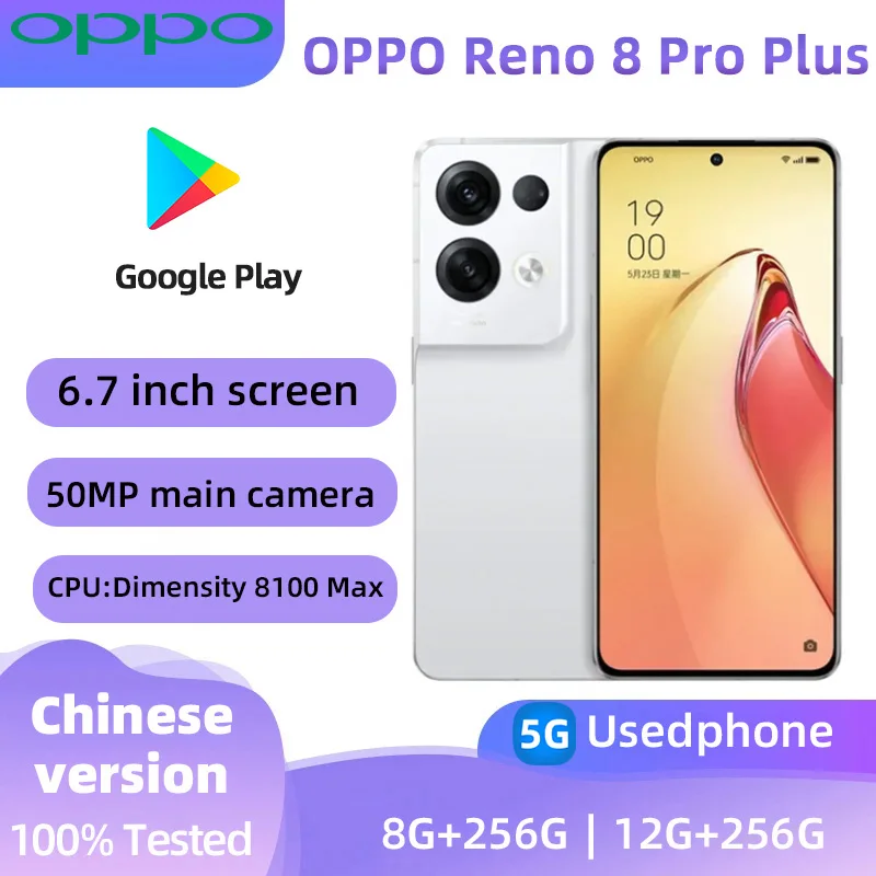 OPPO Reno8 Pro+ 5G Android 6,7 palca CPU CPU DiMensity 8100 Max 80W Super VoOC 4500 mAh OTG Použitý telefón
