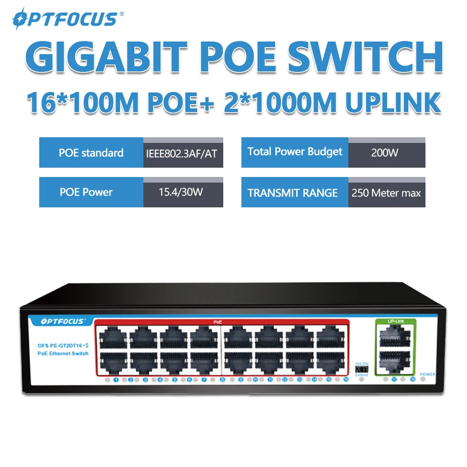 OPTFOCUS 1000M GIGABIT POE prepínač 16 portov PoE 48V 15W 30W 802.3af 802.3AT Ethernet Hub Splitter Active Ethernet pre CCTV Camera