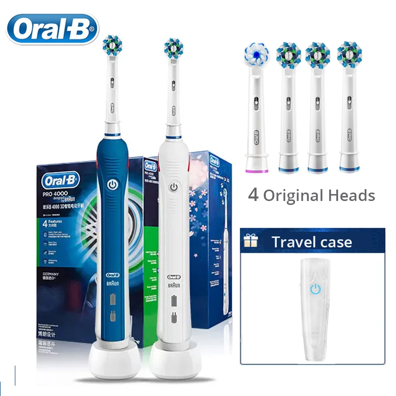 ORAL B PRO 4000 Ultrazvukový zubný kefka 3D Action Monitor Viditeľný tlak Indukčný nabíjanie Elektrická zubná kefka so 4 hlavičkami
