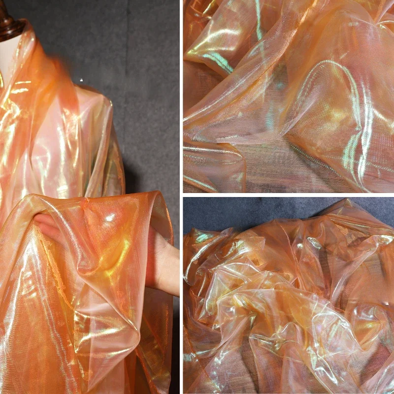 Oranžová dúhová mriežka Rainbow Organza Transparentné kreatívne laserové šaty svadobné kostýmy Návrhár tkanina