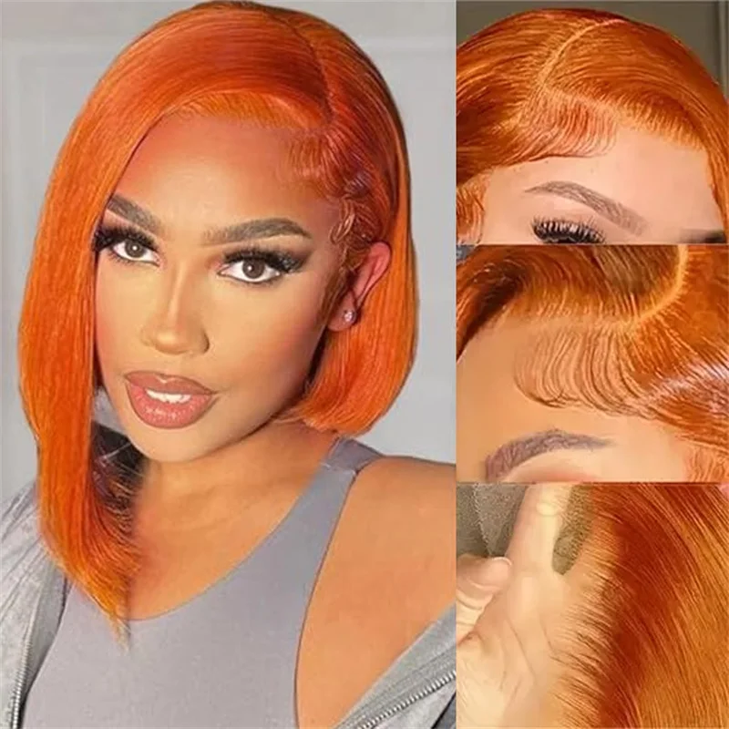 Oranžová zázvorová farba 13x4 čipky predné parochne remy ľudské vlasy krátke bobové parochňové vlasy pre čierne ženy vopred vopred