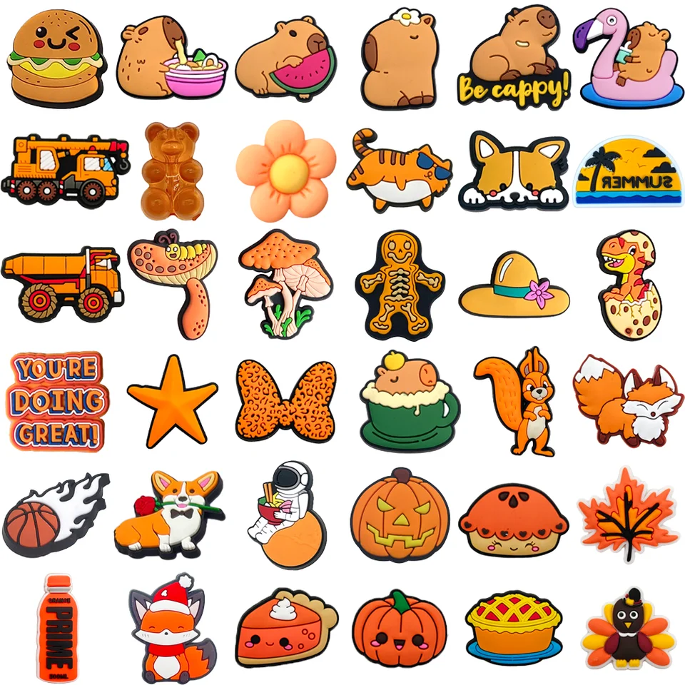 Oranžové jesenné zvieracie potraviny Pumpkin Fox Fox Charms Pins PVC DIY Sandals Príslušenstvo pre drevá