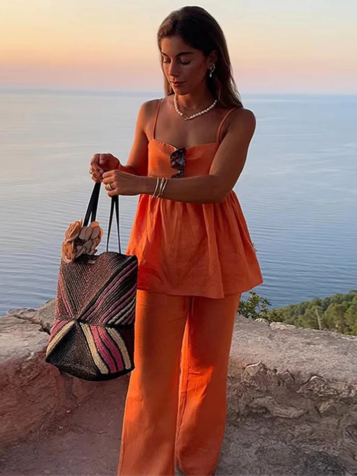Oranžové šnúrky Ženy Široké nohavice Nohavice Oblek Elegantné rukávy bez rukávov skladané lemové popruhy Tops Lady Two -Piece Set Street Outfits