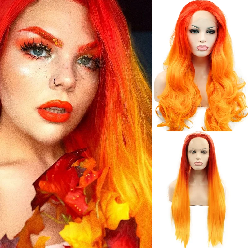 Oranžový zázvor HD priehľadná vlna tela Čipka Česvá parochňa Červená rovná ombre kučeravé farebné predné parochne Cosplay Syntetické vlasy