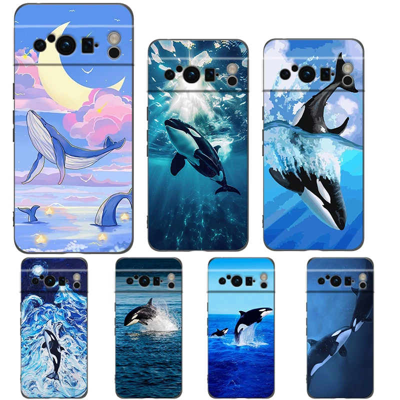 Orca Ocean Lovely Killer Whale Telefon Case pre Google Pixel 9 8 7 6 Pro 8a 6a 7a 5g Silikónový nárazový nárazový čierny kryt Fundas
