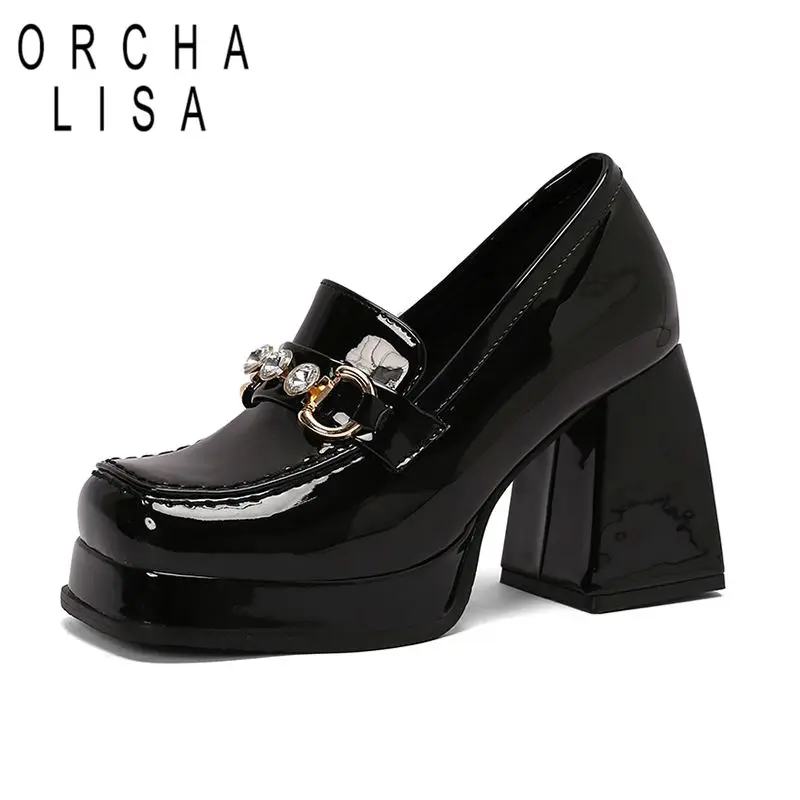Orcha Lisa retro dámske čerpadlá patentované kožené štvorcové špičky Chunky päta 9 cm platforma kovová dekorácia
