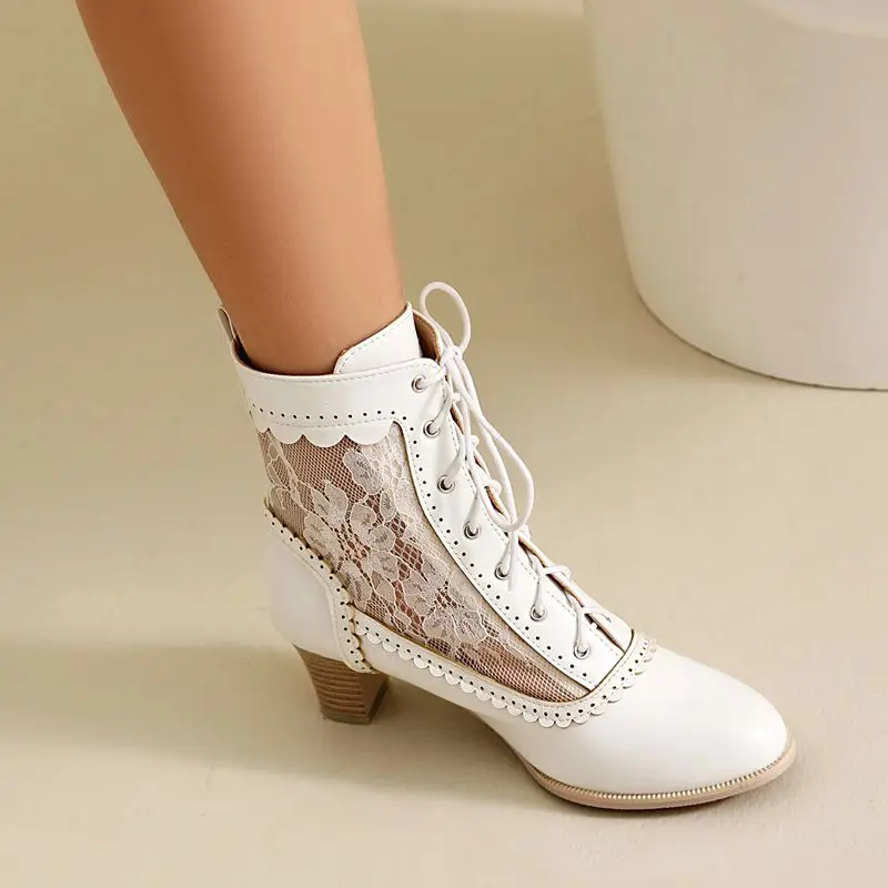 Orchalisa dizajn Ženy letné stredné topánky lýtkových topánok Round Toe Block Päty 5 cm šnurované do priedušnej siete plus veľkosť 46 48 48 Zoznamovacie topánky