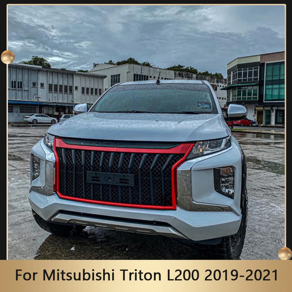 Orezanie predných grilov automobilov ABS s červenou čiarou dekorácie Bumper Grille Grid Grid pre Mitsubishi Triton L200 2019 2020 2021