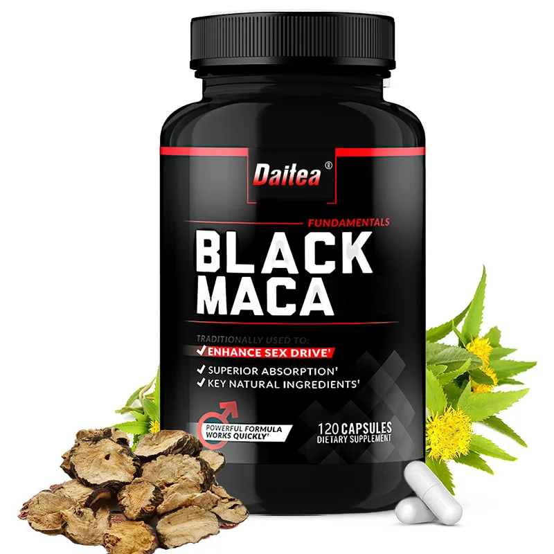 Organické čierne kapsuly maka, pomáhajú s energiou, vytrvalosťou, zdravím nálady, podporou antioxidantov, vegánskych, non-GMO