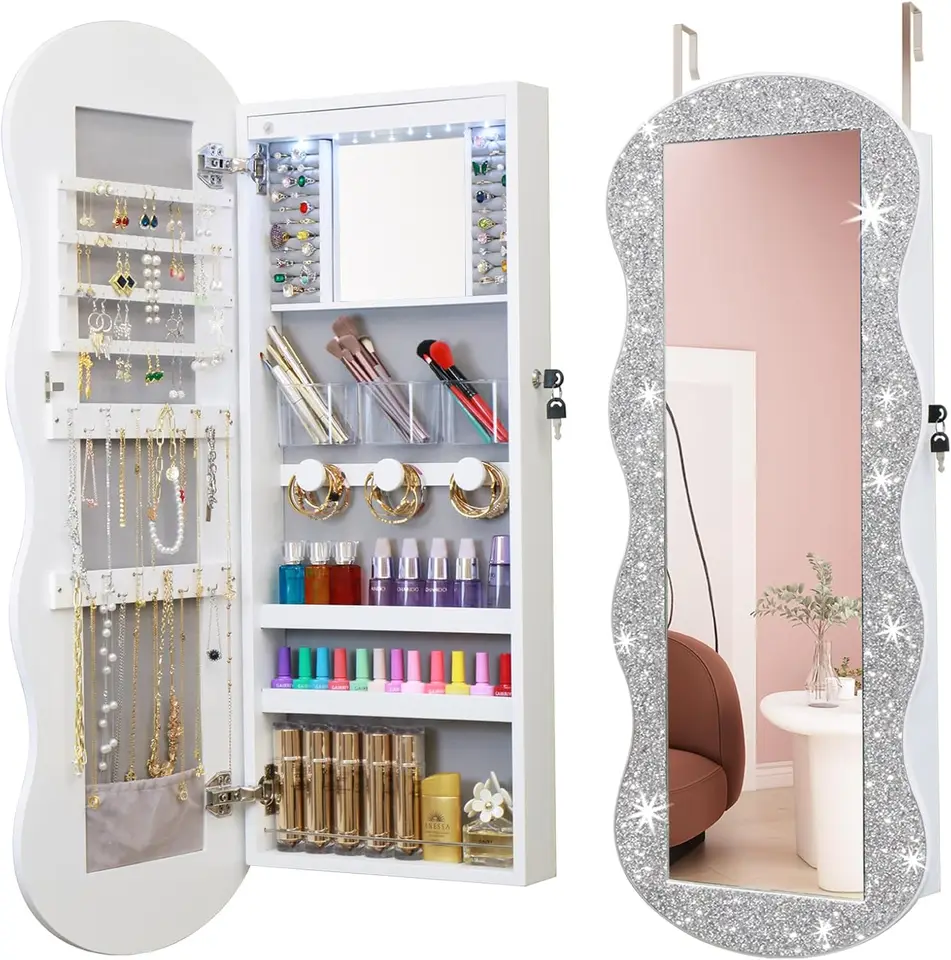 Organizátor armoire, LED šperky na skrinku stena/pripevnené na dvere, uzamykateľné zvlnené zrkadlo s úložným priestorom, drvené diamanty zrkadlo Ful