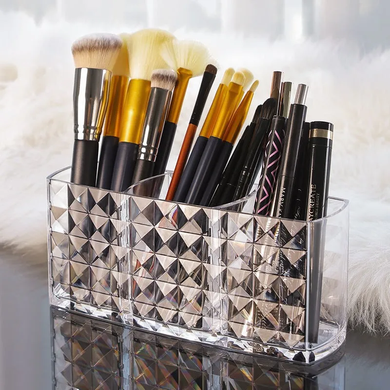 Organizátor make-upu, akrylové čisté 3-kompartmentové make-up kefy držiak kozmetické kefy Ukladateľ Organizátor pre márnosť