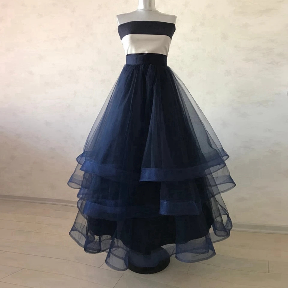 Organza Navy Blue Ruffles dlhé dámske sukne 2023 Skutočný obrázok Ruched Svadobná sukňa zips na mieru vyrobená farba faldas mujer moda