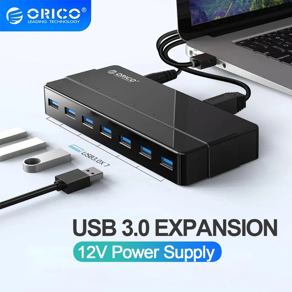 Orico USB Hub Splitter Socket Socket USB3.0 Splitter s 12V napájacím adaptérom USB Splitter OTG adaptér pre príslušenstvo pre prenosné počítače pre prenosné počítače