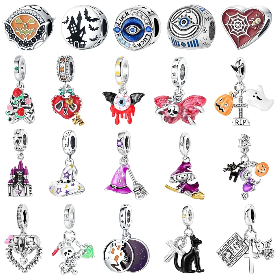 Original 925 Sterling Silver Halloween Darček Čierna mačka Spider lebka Pumpkin čarodejnícke kúzla pre náramok Pandora DIY šperky