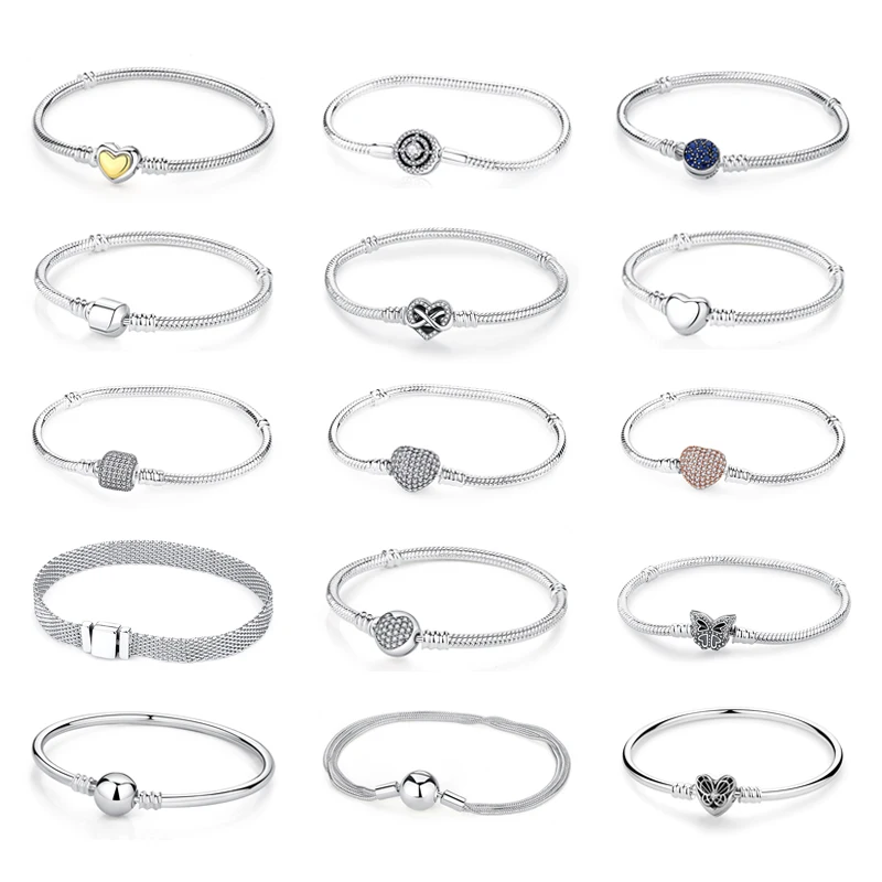 Original 925 Sterling Silver náramky Branné náramky Love Heart Clip Charms Hads Snake Reťazce pre ženy Rose Gold DIY Luxusné šperky